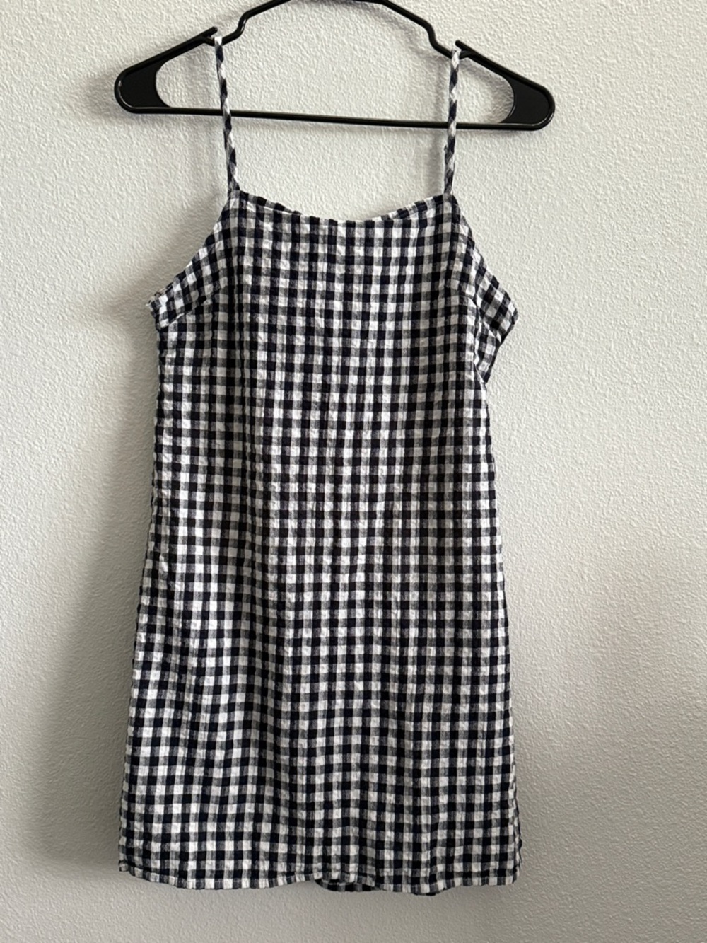 American Eagle Gingham Mini Dress Navy & White Check Tie Back Cotton Linen Sm